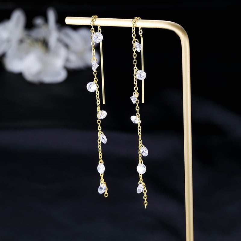 SLUYNZ 925 Sterling Silver Sparkling CZ Droplet Dangle Earrings for Women Teens Elegant Long Dangling Earrings Threader Tassel (C-Gold Plated) - Image 4